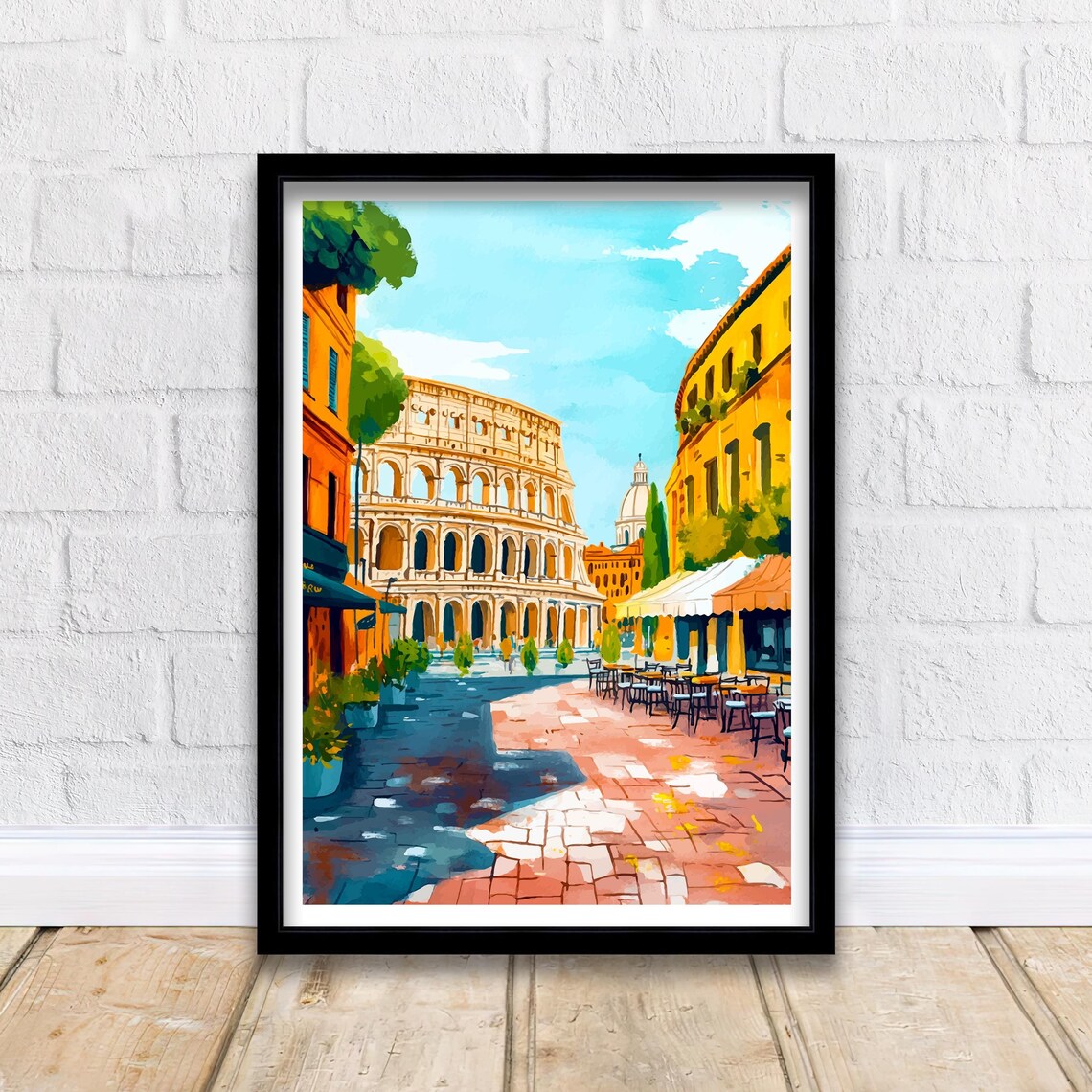 Rome Italy Colosseum Street Cafe Golden Buildings Scene Poster