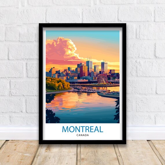 Montreal Canada Sunset Skyline River Illustrated Travel Poster