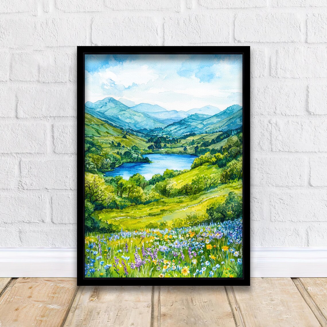 Loughrigg Lake District Wildflower Lake Mountain Watercolor Poster