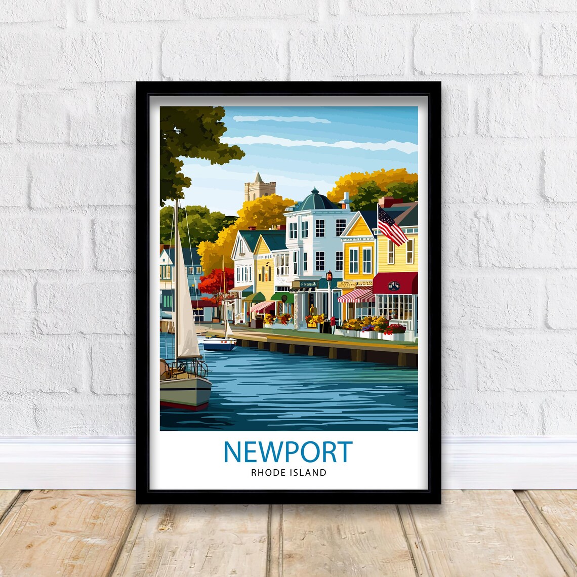 Newport Rhode Island Harbor Sailboat Waterfront Shops Travel Poster