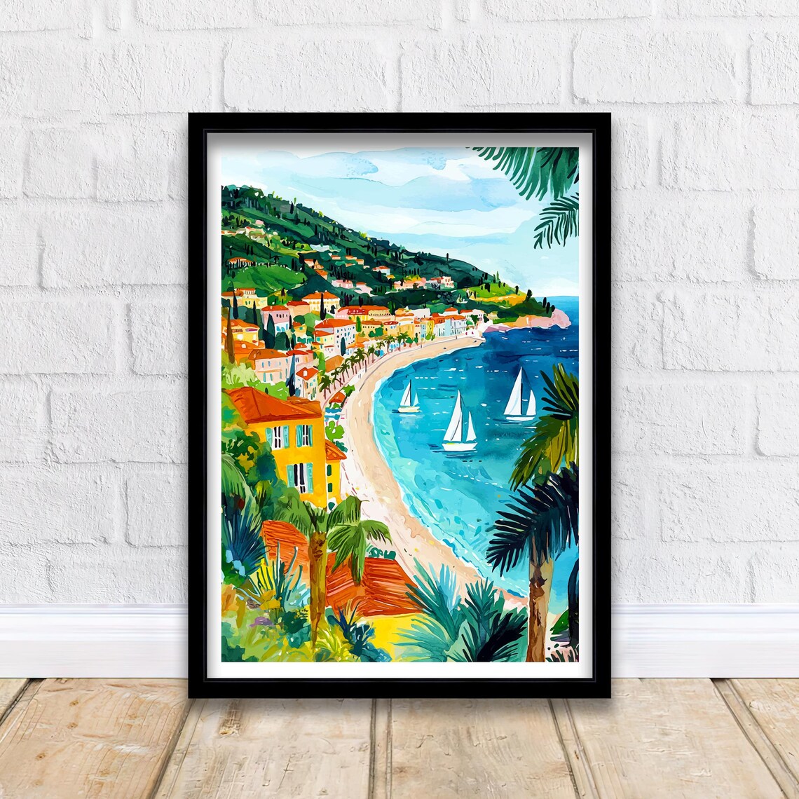 Nice France Riviera Beach Bay Sailboats Palm Trees View Poster