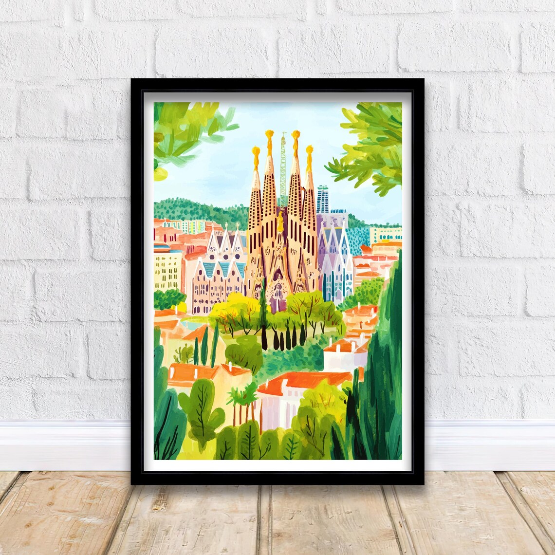 Barcelona Sagrada Familia Golden Spires Green Gardens Painting Poster