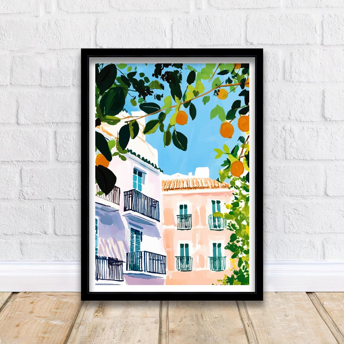 Valencia Spain Old Town Orange Tree Balconies Sunlit View Poster