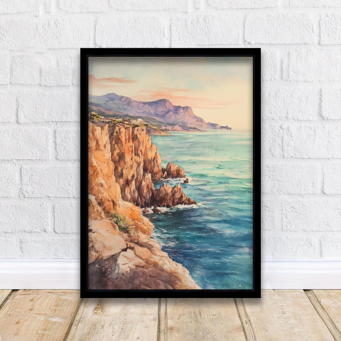 Sunset Cliffs Ocean Coast Watercolor Rocky Shore Landscape Poster