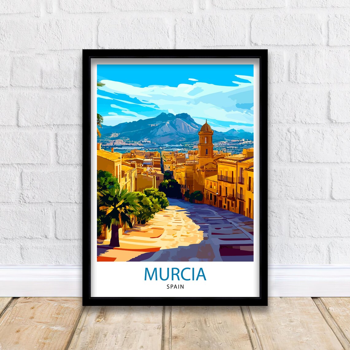 Murcia Spain Old Town Church Tower Mountain View Travel Poster