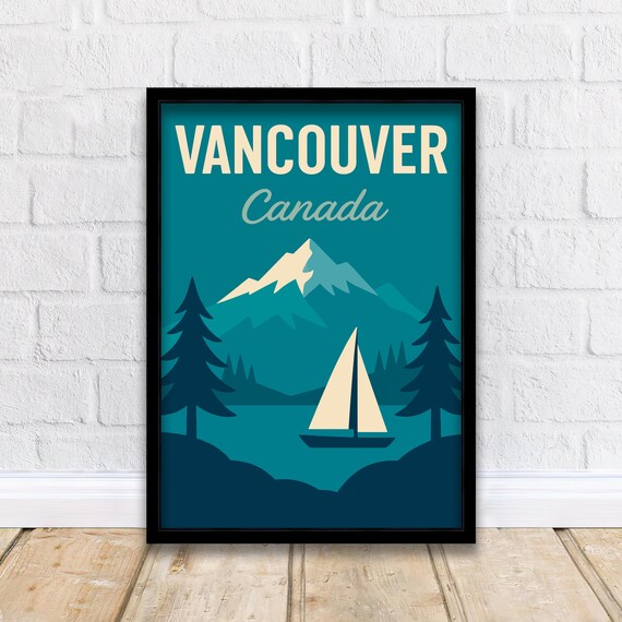 Vancouver Canada Sailboat Mountain Lake Vintage Travel Retro Poster