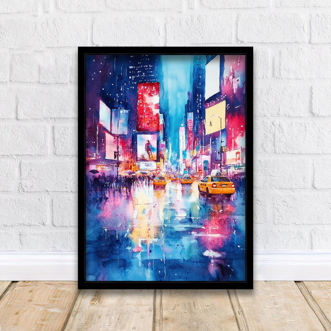 Times Square New York City Night Neon Billboards Yellow Taxis Watercolor Poster
