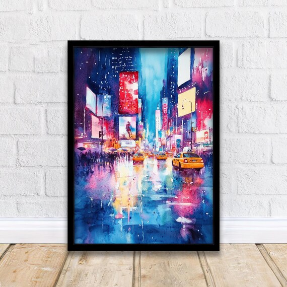 Times Square New York City Night Neon Billboards Yellow Taxis Watercolor Poster