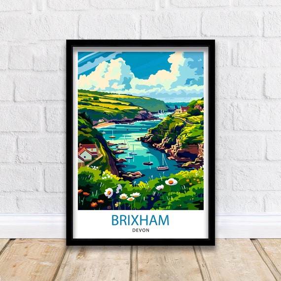 Brixham Devon Harbor Sailboats Wildflowers Coastal View Poster