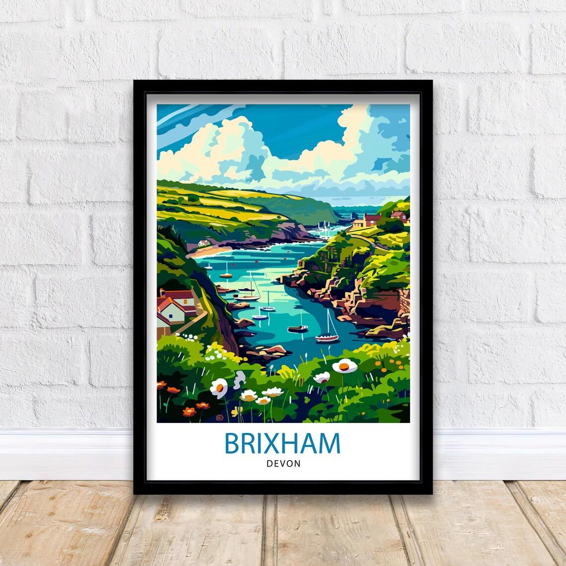 Brixham Devon Harbor Sailboats Wildflowers Coastal View Poster