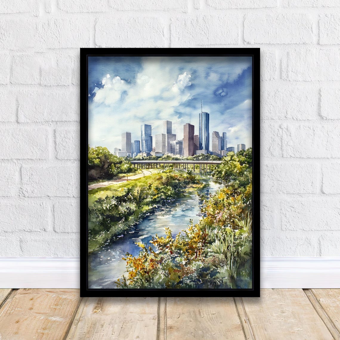 Houston Watercolor Painting Texas City Skyline Art Print