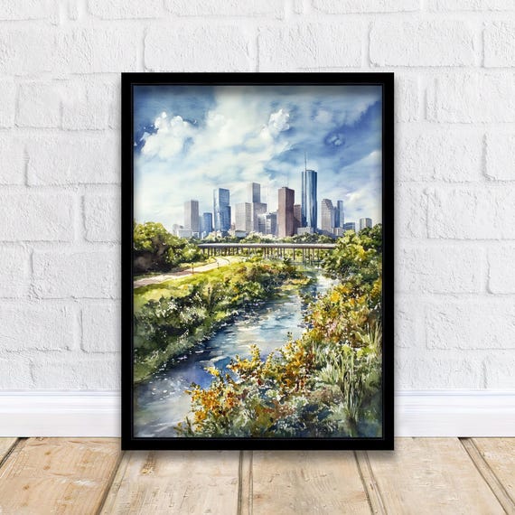 Houston Watercolor Painting Texas City Skyline Art Print