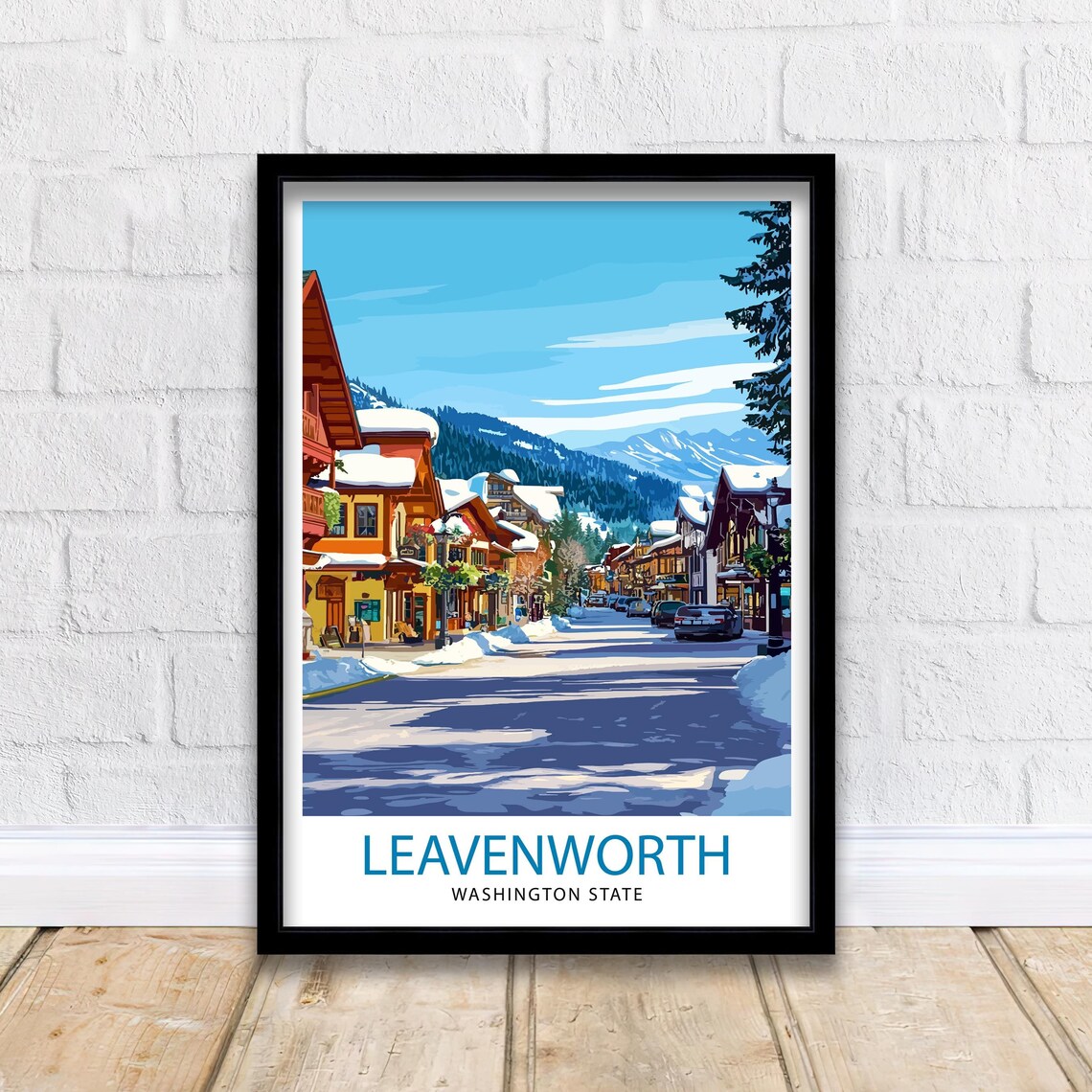 Leavenworth Washington Snowy Bavarian Village Street Travel Poster