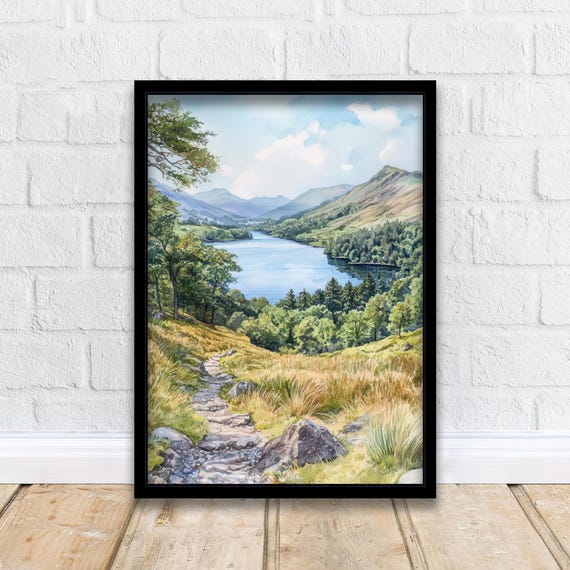 Coniston Water Watercolor Landscape Art Print, UK