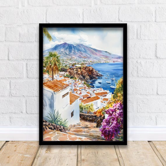 Tenerife Watercolor Painting Mount Teide Travel Poster