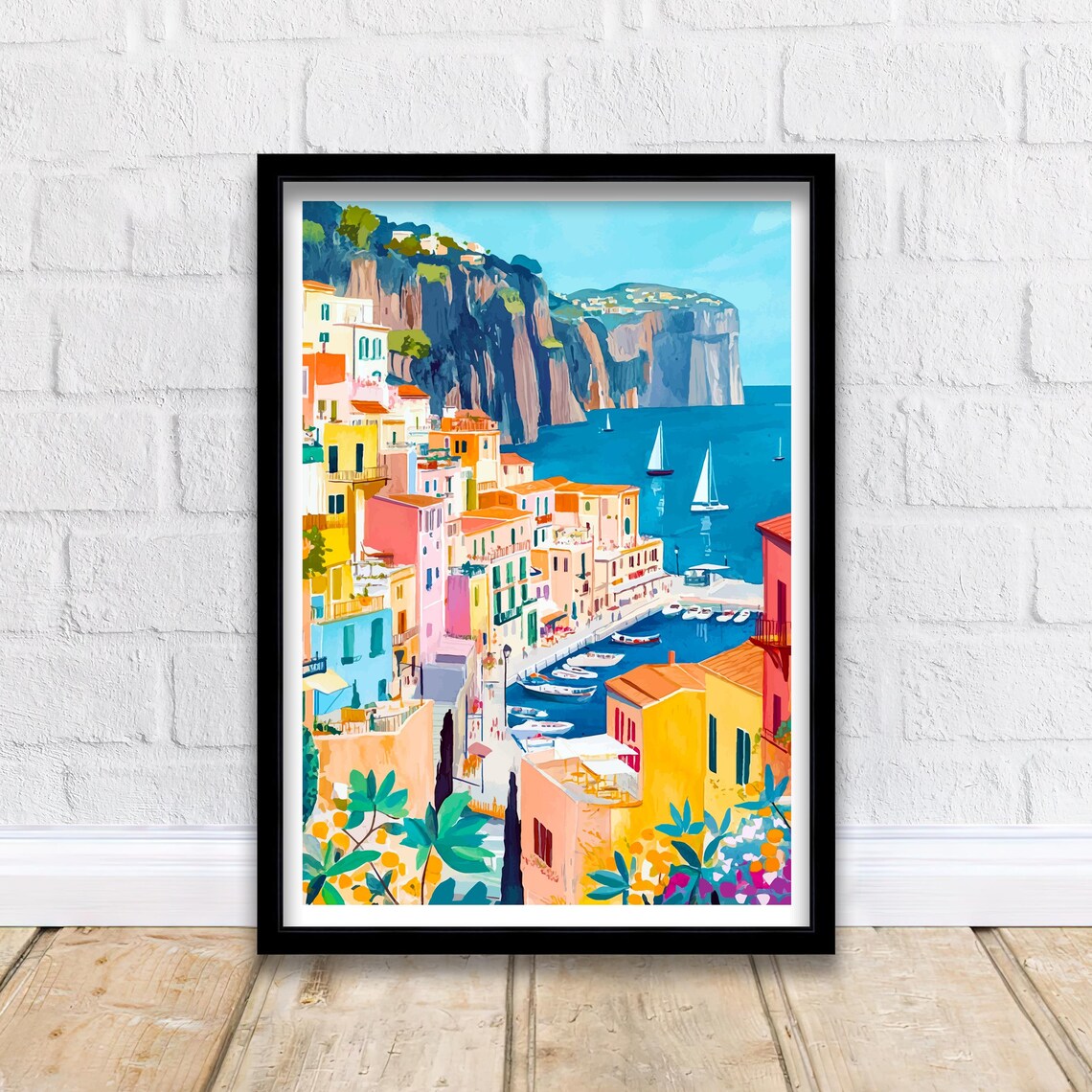 Sorrento Italy Cliffside Colorful Town Sailboats Coast Art Poster