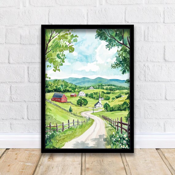Vermont Countryside Watercolor Red Barn White Church Road Poster