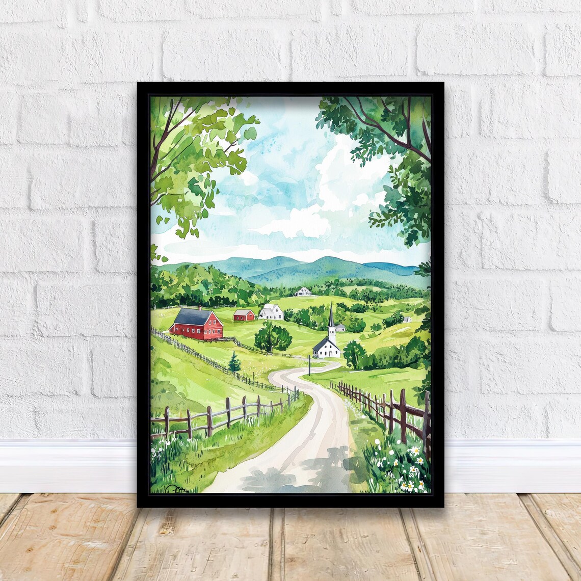 Vermont Countryside Watercolor Red Barn White Church Road Poster