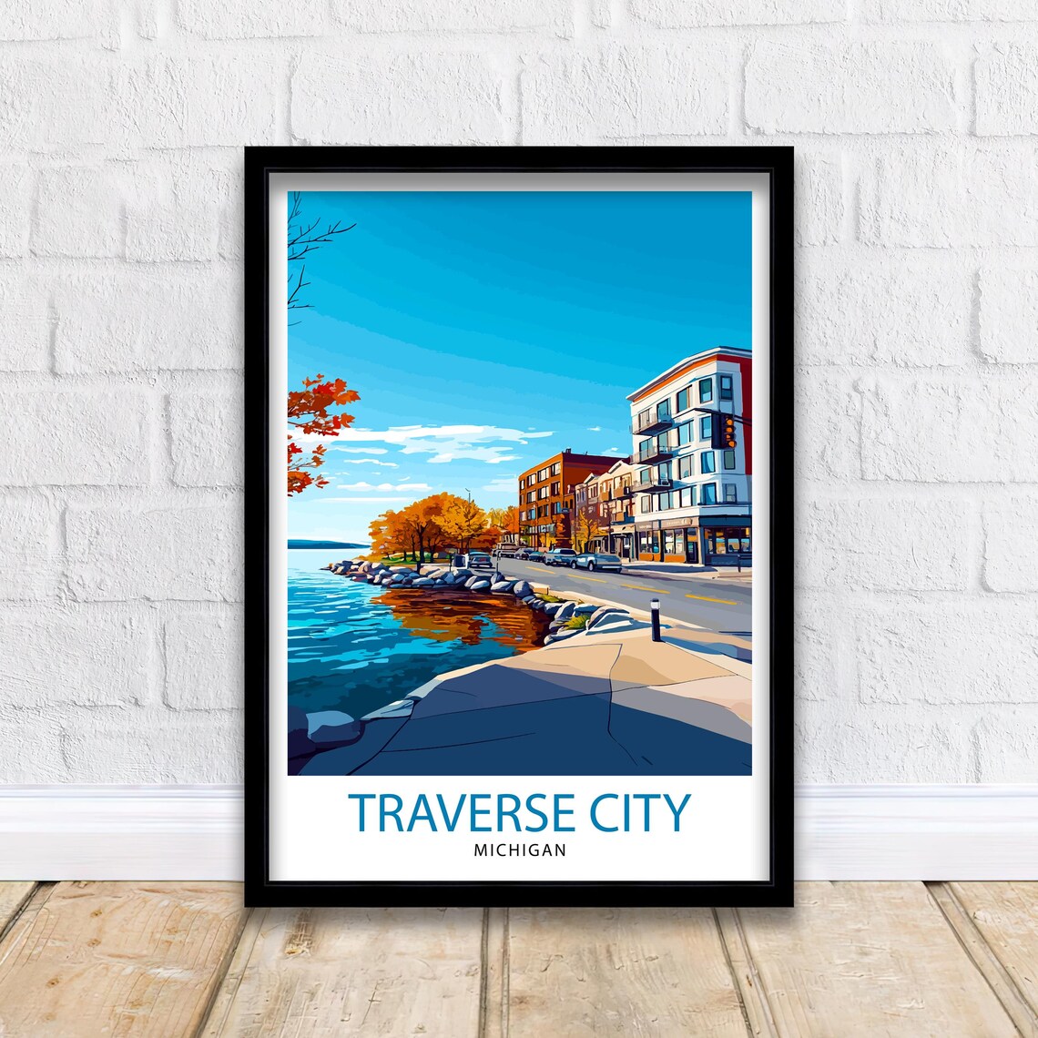 Traverse City Michigan Waterfront Fall Colors Street Travel Poster