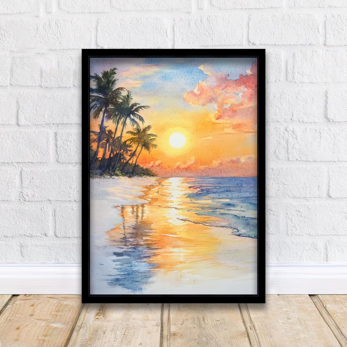 Key West Florida Beach Sunset Palm Trees Ocean Watercolor Poster
