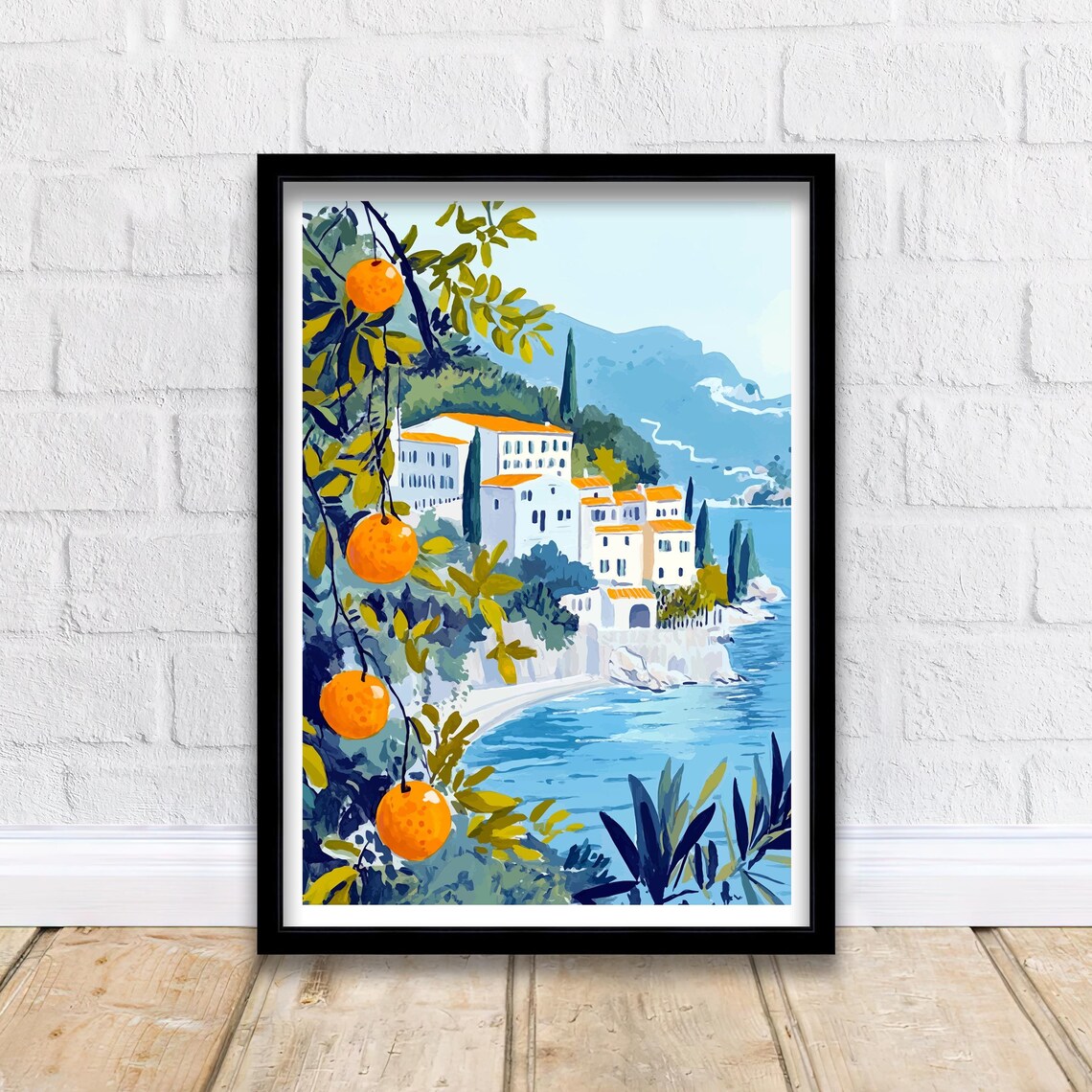 Sardinia Italy Whitewashed Coastal Town Orange Trees Sea Art Poster