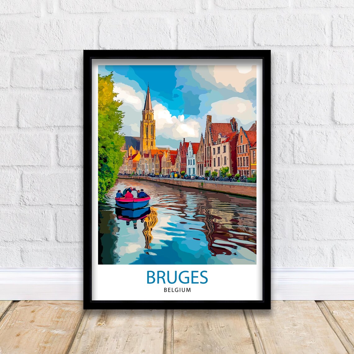 Bruges Belgium Canal Boat Church Tower Old Town Travel Poster
