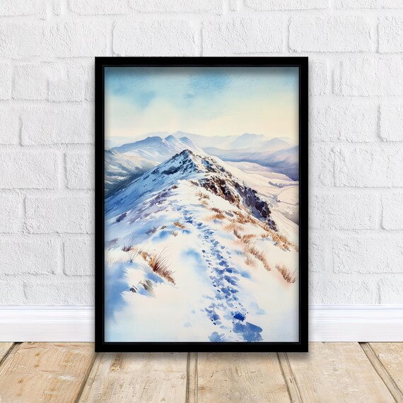 Cat Bells Lake District Snowy Ridge Winter Hiking Trail Watercolor Poster