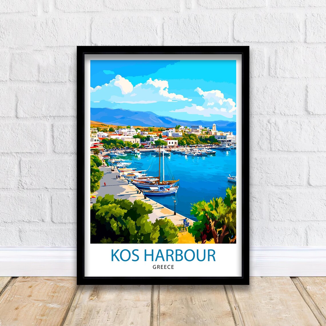 Kos Harbour Greece Travel Poster, Greek Place Art