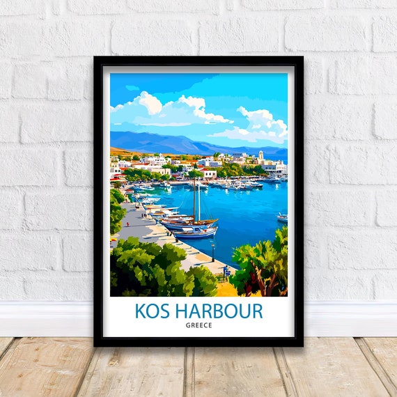 Kos Harbour Greece Travel Poster, Greek Place Art