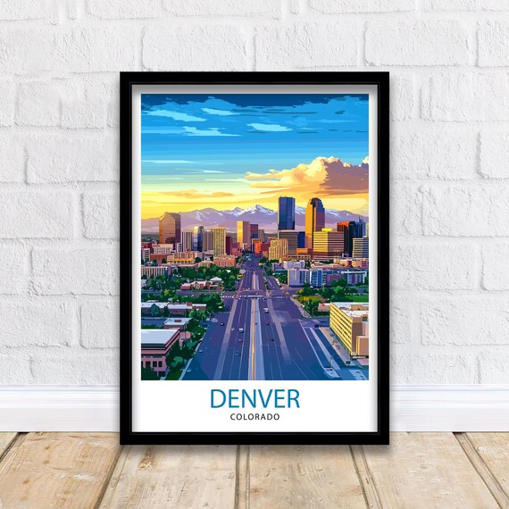 Denver Colorado Skyline Travel Poster Mountain City Sunset Art