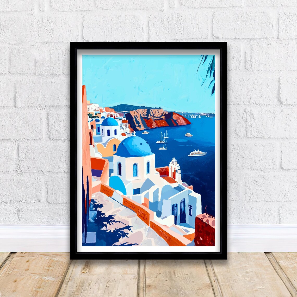 Santorini Greece Blue Domed Churches Aegean Sea Village Vista Poster
