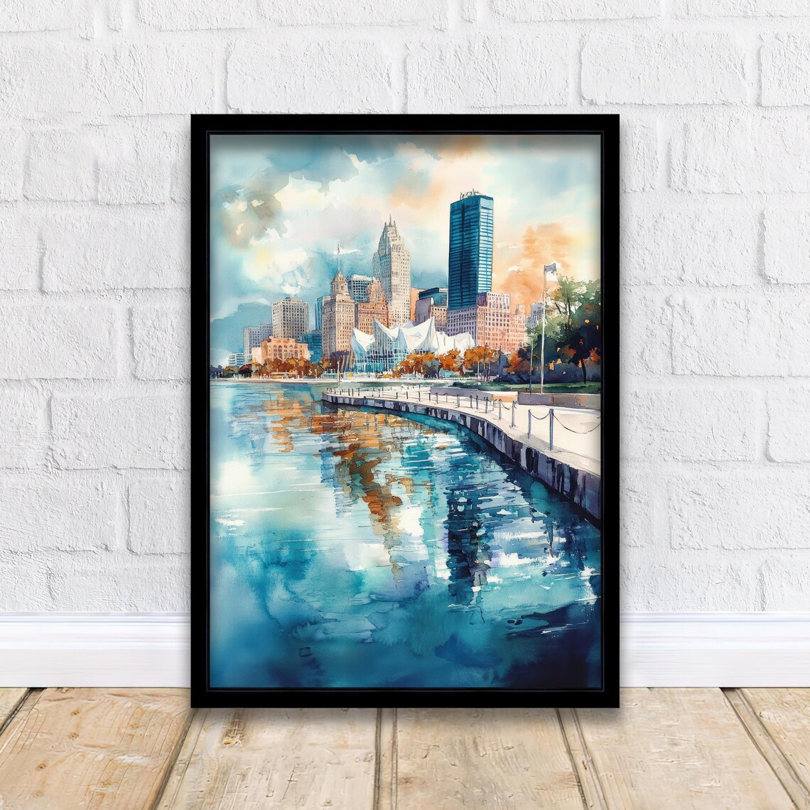 Wisconsin Waterfront Skyline Watercolor Sail Lake City Poster
