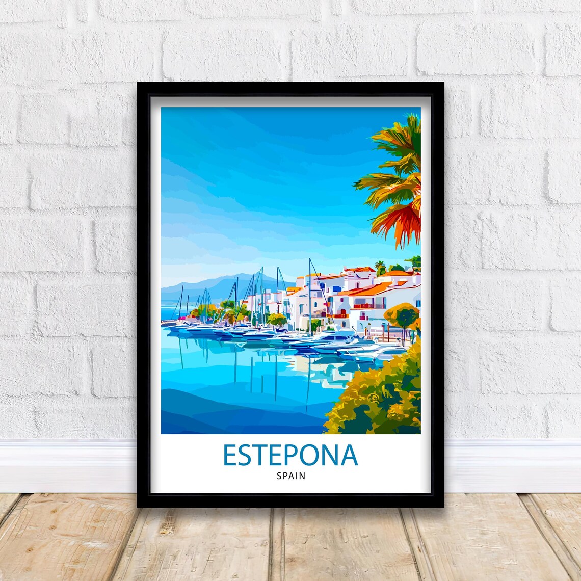 Estepona Spain Marina Whitewashed Houses Palm Blue Sky Travel Poster