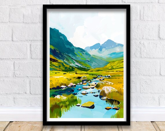 Snowdonia Wales Rocky Mountain Stream Meadow Landscape Poster