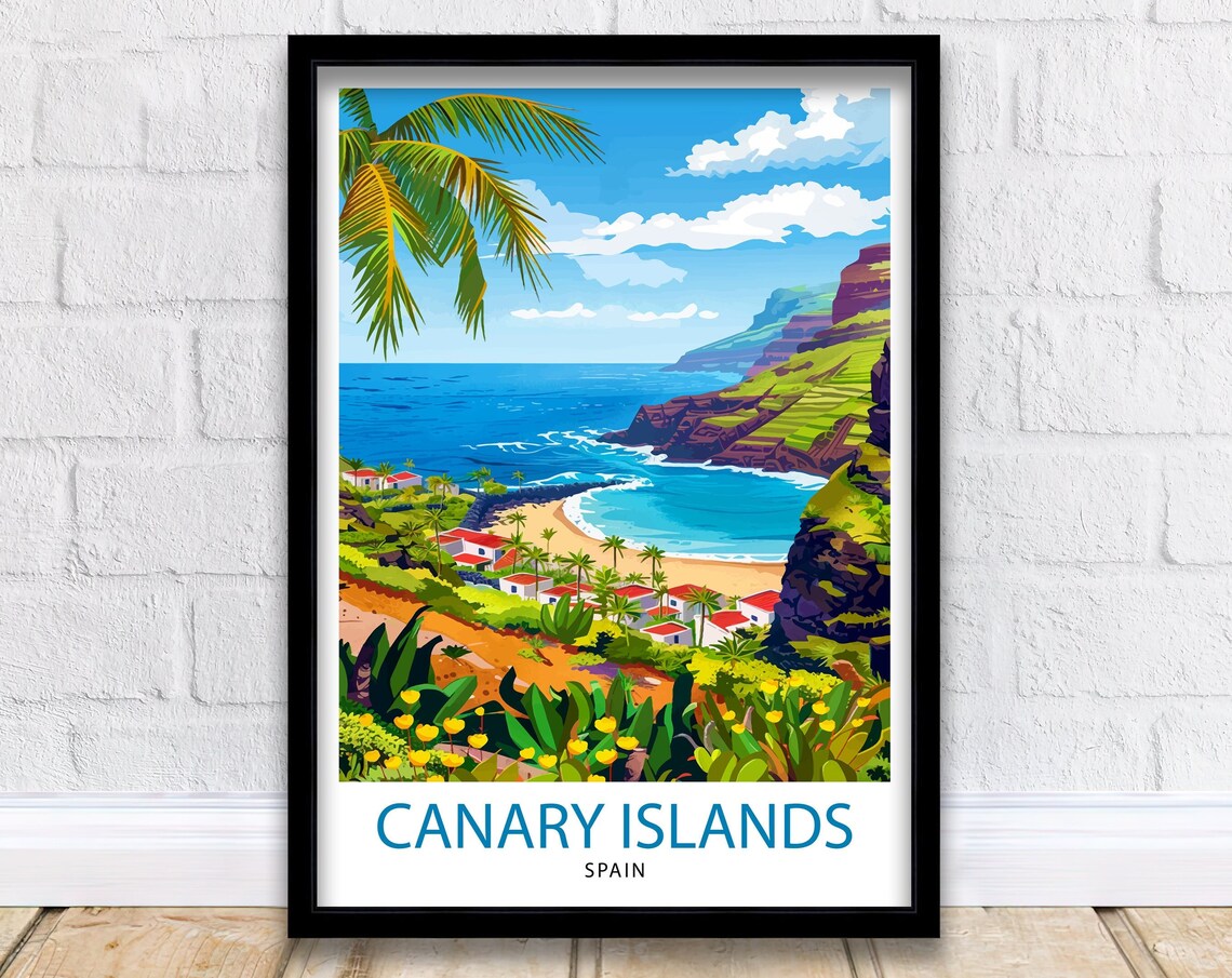Canary Islands Spain Beach Bay Cliffs Palm Coast Travel Poster