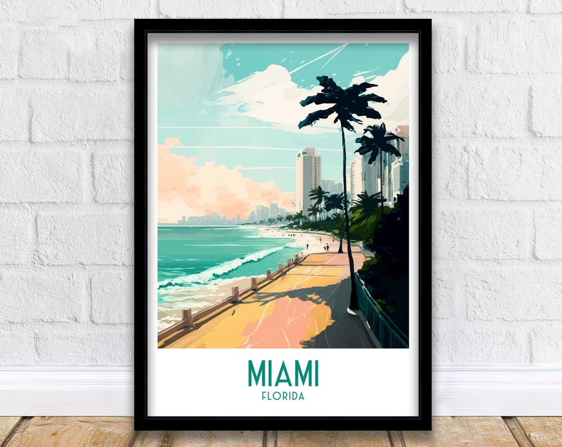 Miami Florida Beach Boardwalk Palm Trees Ocean Front View Poster