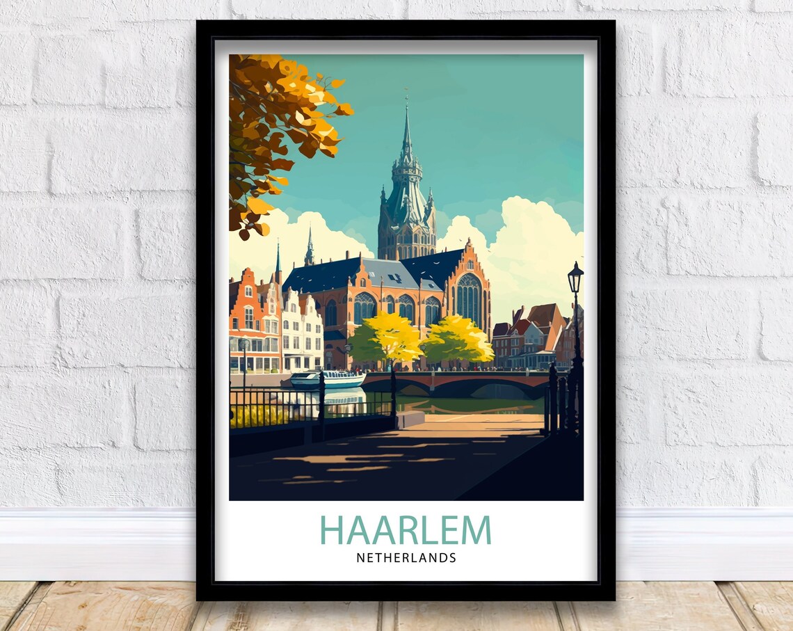 Haarlem Netherlands Church Canal Bridge Vintage Travel Poster