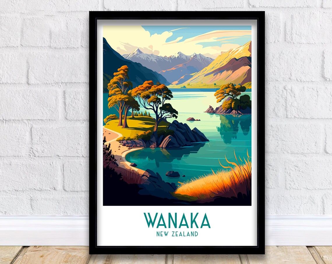 Wanaka New Zealand Autumn Lake Mountain Landscape Travel Poster