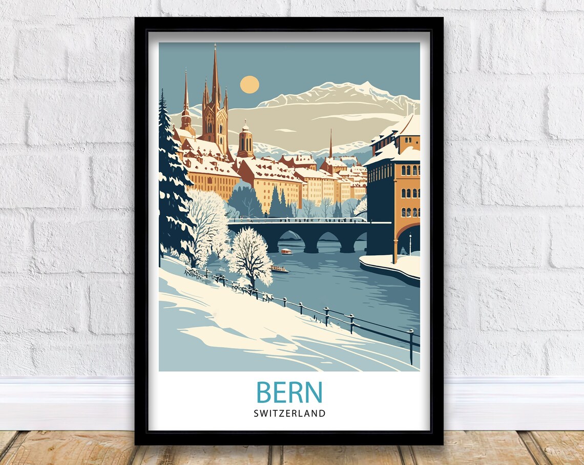 Bern Switzerland Snowy Old Town Aare River Winter Scene Poster