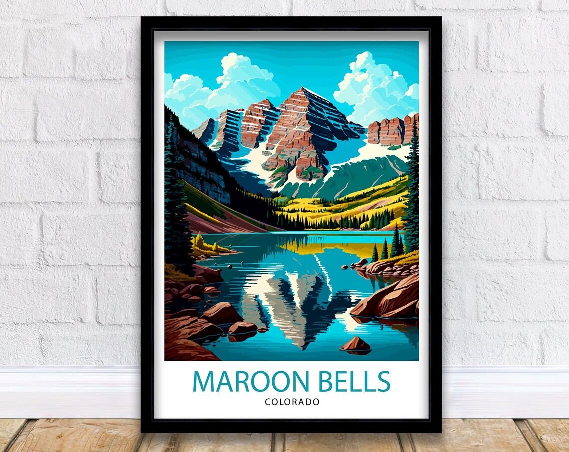 Maroon Bells Colorado Travel Poster, Mountain Landscape