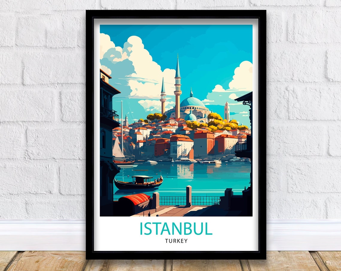Istanbul Turkey Bosphorus Mosque Minarets Waterfront Travel Poster