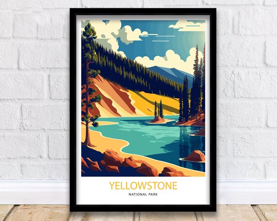 Yellowstone National Park Lake Pine Forest Art Travel Poster