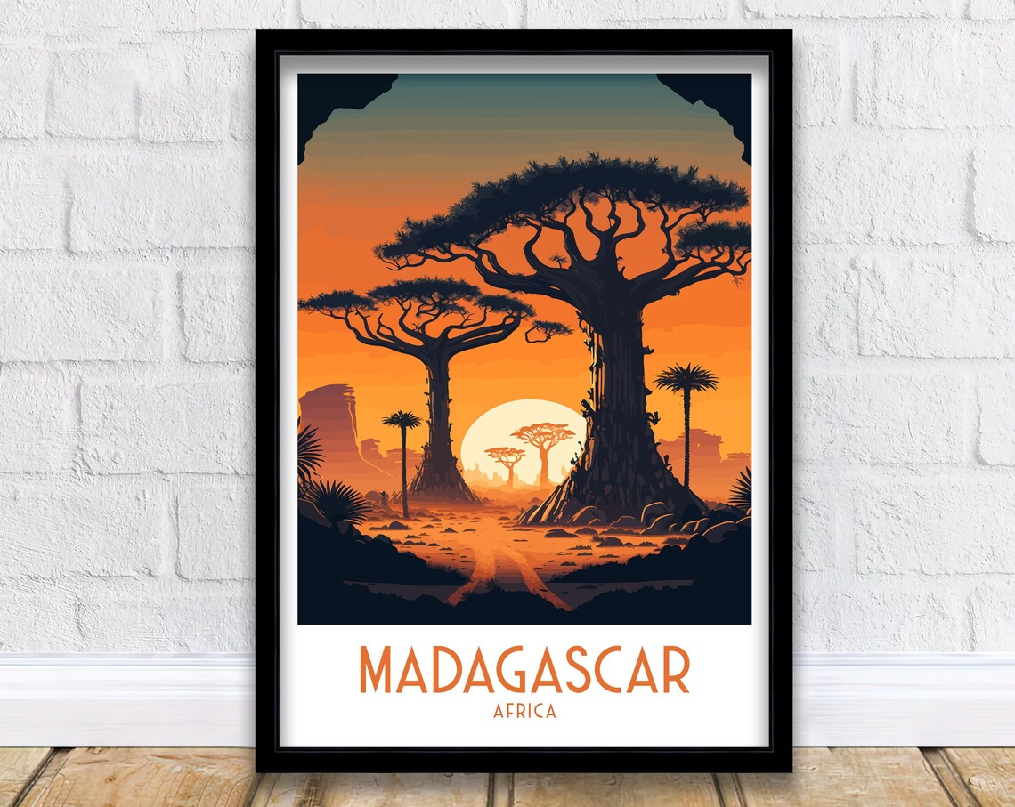 Madagascar Africa Baobab Sunset Silhouette Retro Travel Poster
