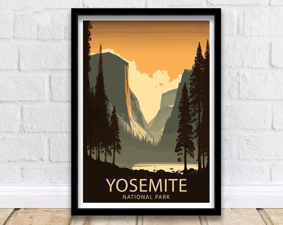 Yosemite National Park Granite Valley Sunset Retro Silhouette Poster