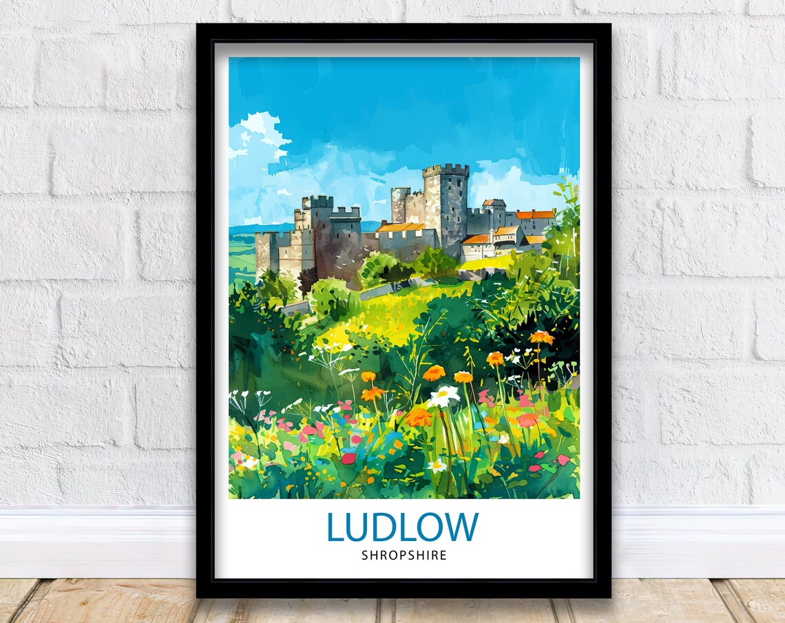 Ludlow Shropshire Castle Watercolor Wildflower Meadow Poster