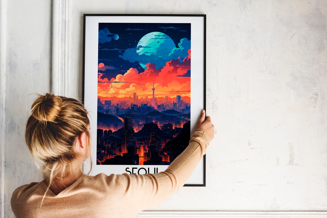 Seoul South Korea Night City Moonlit Skyline Vintage Travel Poster - Image 2