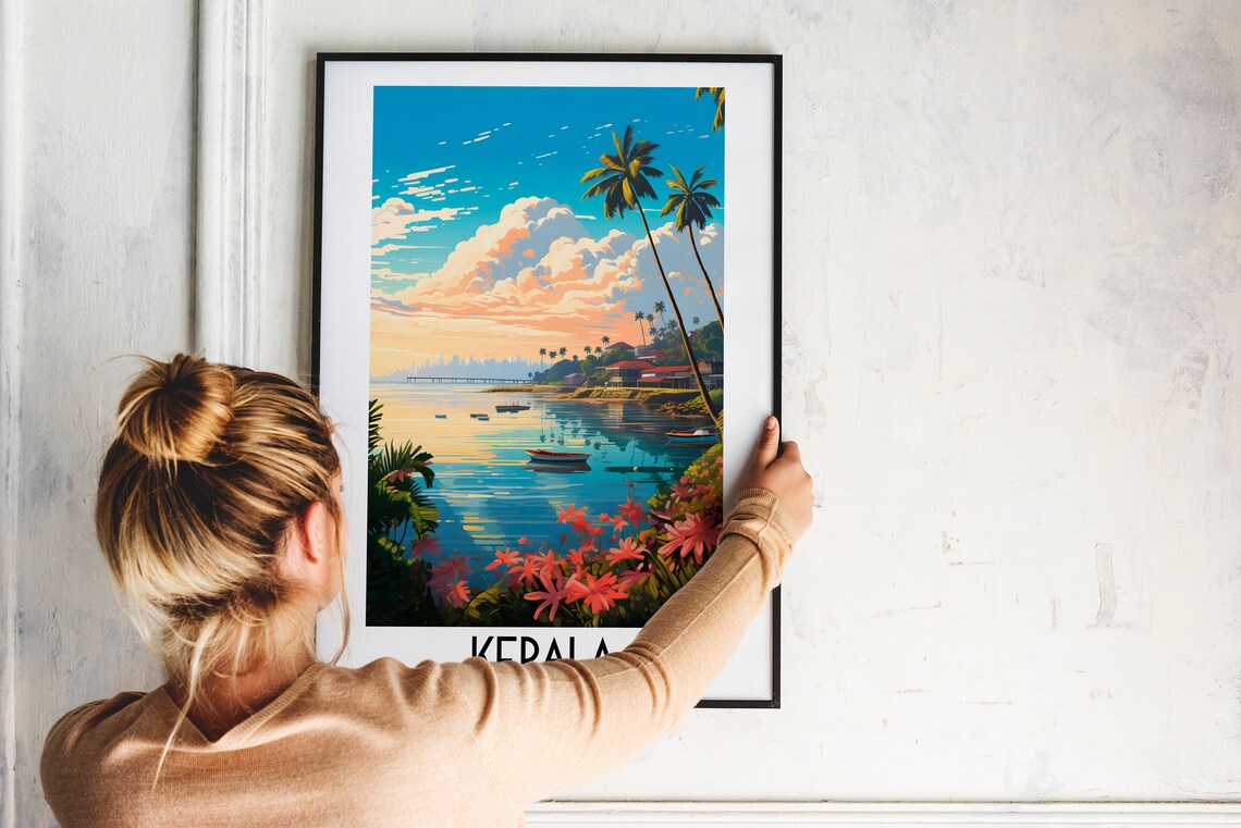 Kerala India Tropical Coast Palm Trees Sunset Boats Travel Art Poster - Image 2