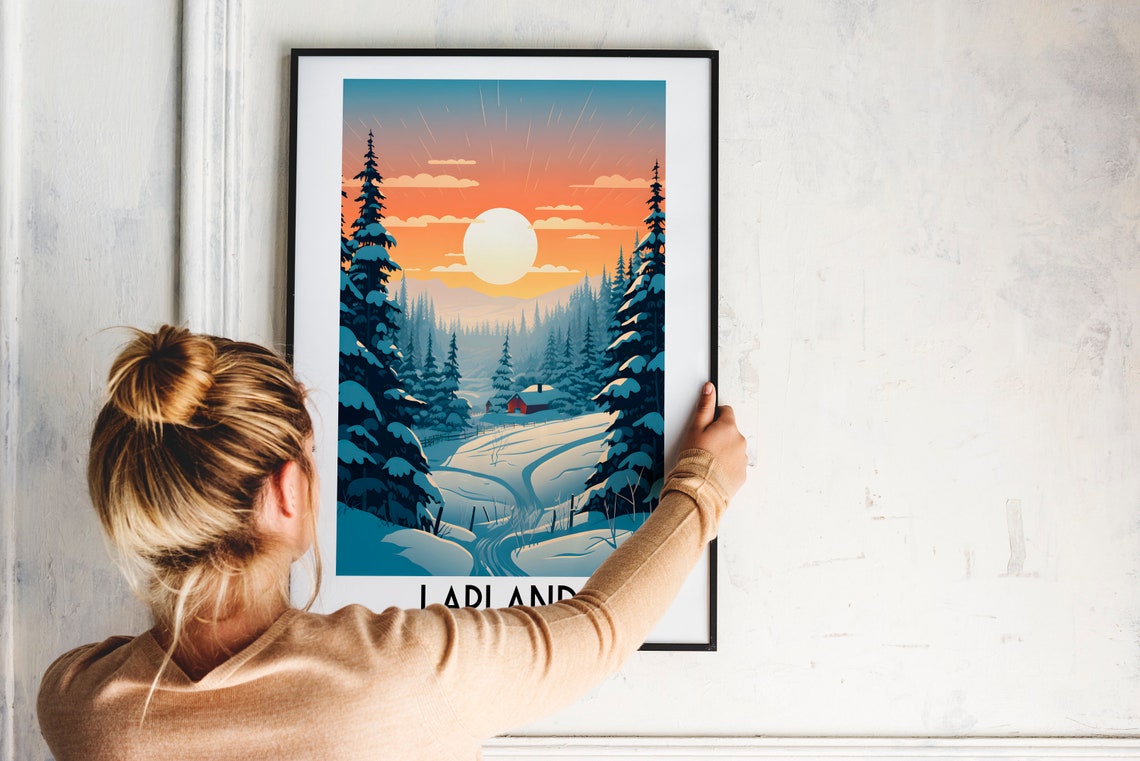 Lapland Finland Winter Forest Valley Snowy Sunrise Cabin Poster - Image 2
