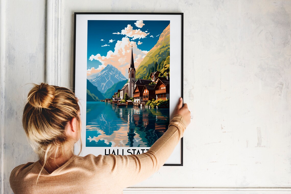 Hallstatt Austria Alpine Lake Village Church Day Travel Poster - Image 2