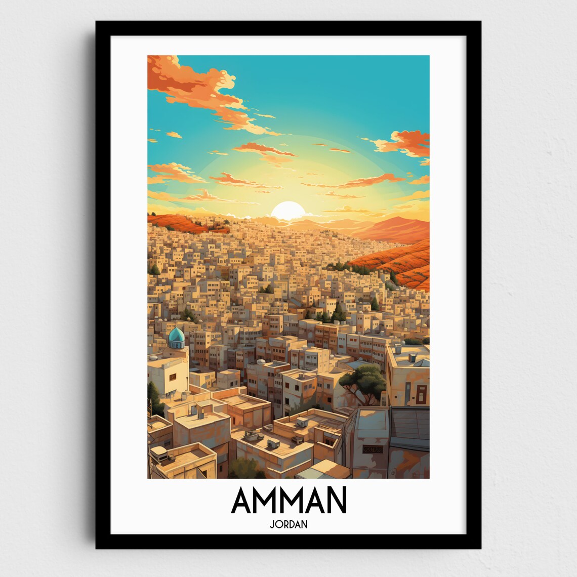Amman Golden Hillside Old City Sunset Jordan Travel Art Poster